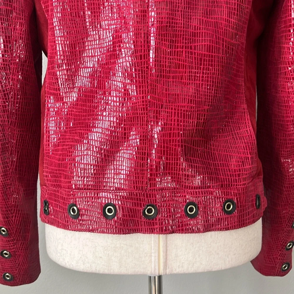 St John Couture Red Embossed Leather Jacket Grommet‎ Moto Zip SZ 6-8